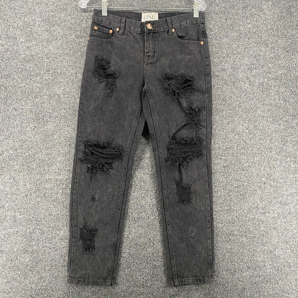 One Teaspoon Jeans Womens 28 Black Tapered Mid Rise Distressed Baggies Grunge